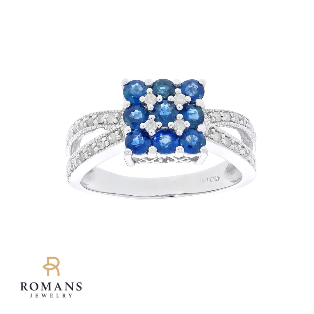 Sapphire Cluster Diamond RIng 14K White Gold 1.17 CTW