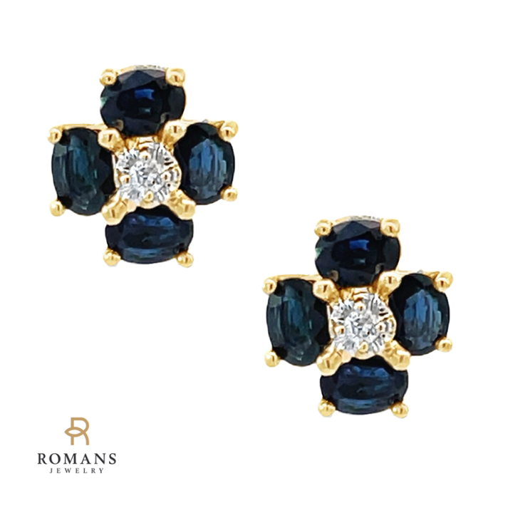 Sapphire Diamond Flower Studs 14K Two Tone