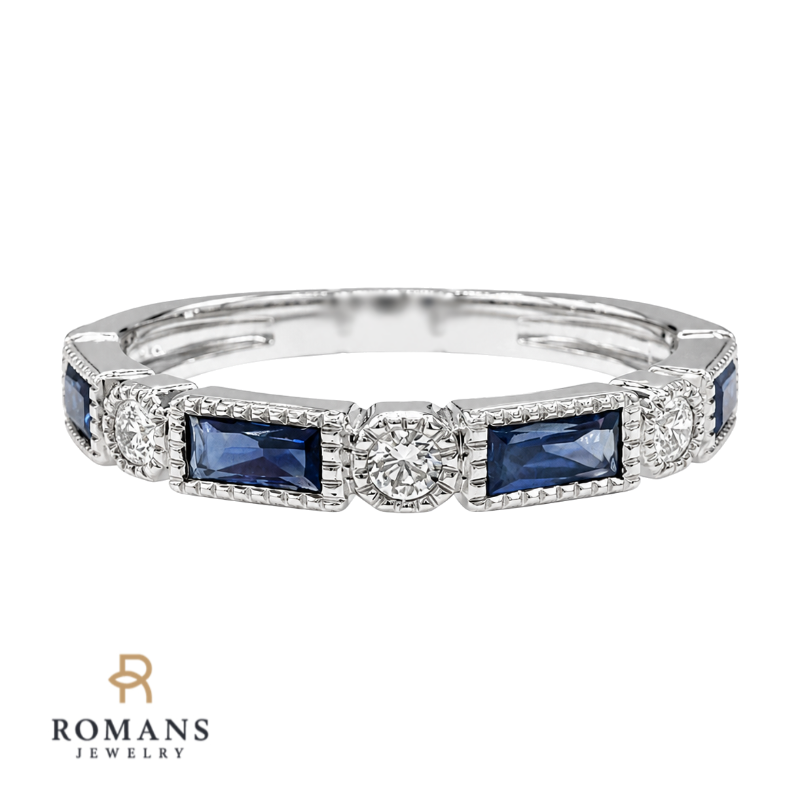 Sapphire Diamond Milgrain Band 14K White Gold