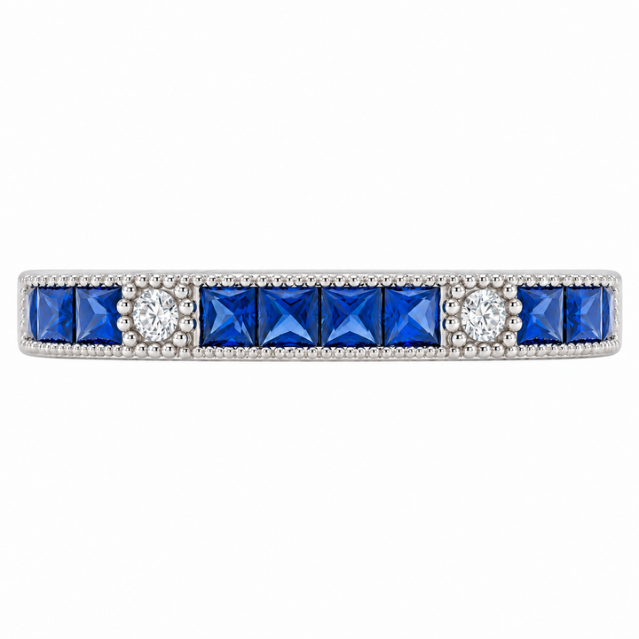 14K white gold sapphire and diamond wedding band featuring vintage-inspired milgrain detailing.