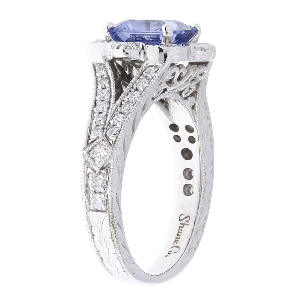 Sapphire Diamond Retro Style Asscher Cut Ring 14K White Gold 2CT