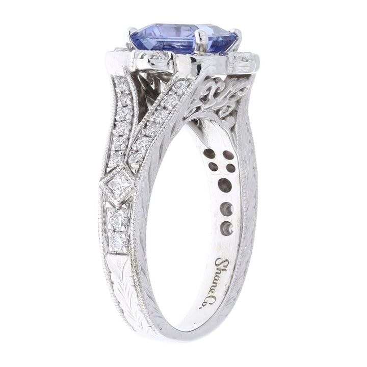 Sapphire Diamond Retro Style Asscher Cut Ring 14K White Gold 2CT