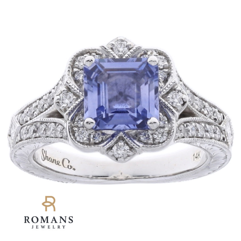 Sapphire Diamond Retro Style Asscher Cut Ring 14K White Gold 2CT