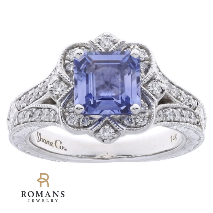 Sapphire Diamond Retro Style Asscher Cut Ring 14K White Gold 2CT