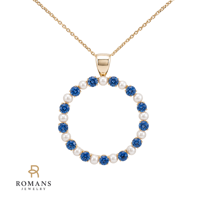 Sapphire &amp; Pearl Open Circle Pendant 2.08CTW 14K Yellow Gold