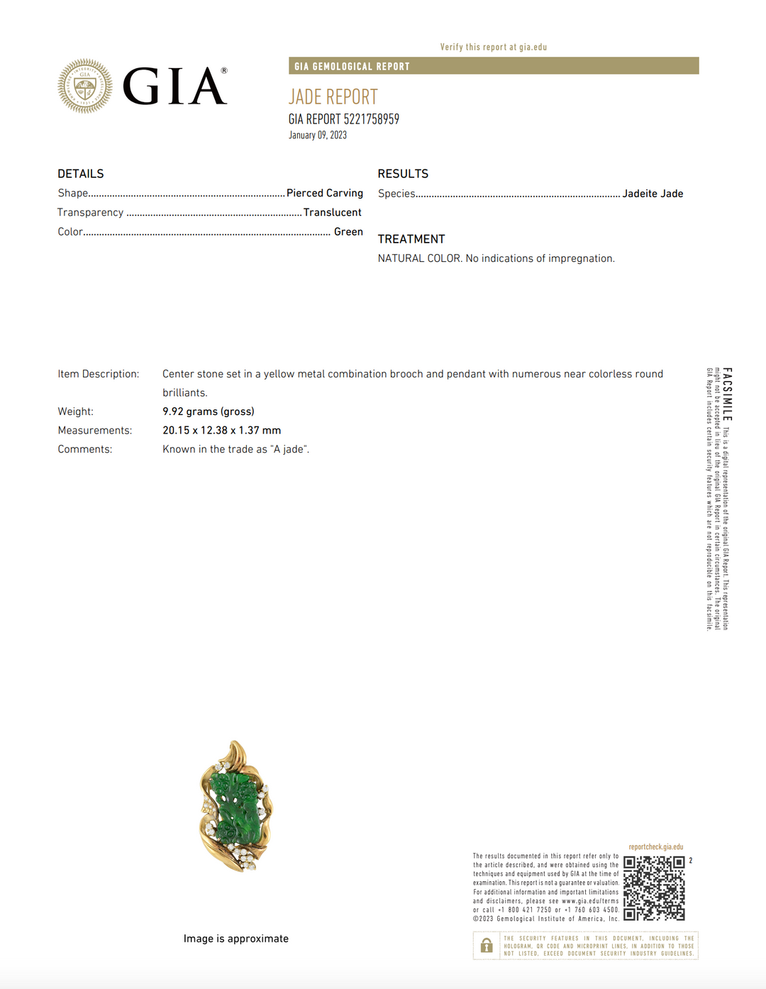 Jadeite Jade & Diamond Brooch Pendant 18K Yellow Gold