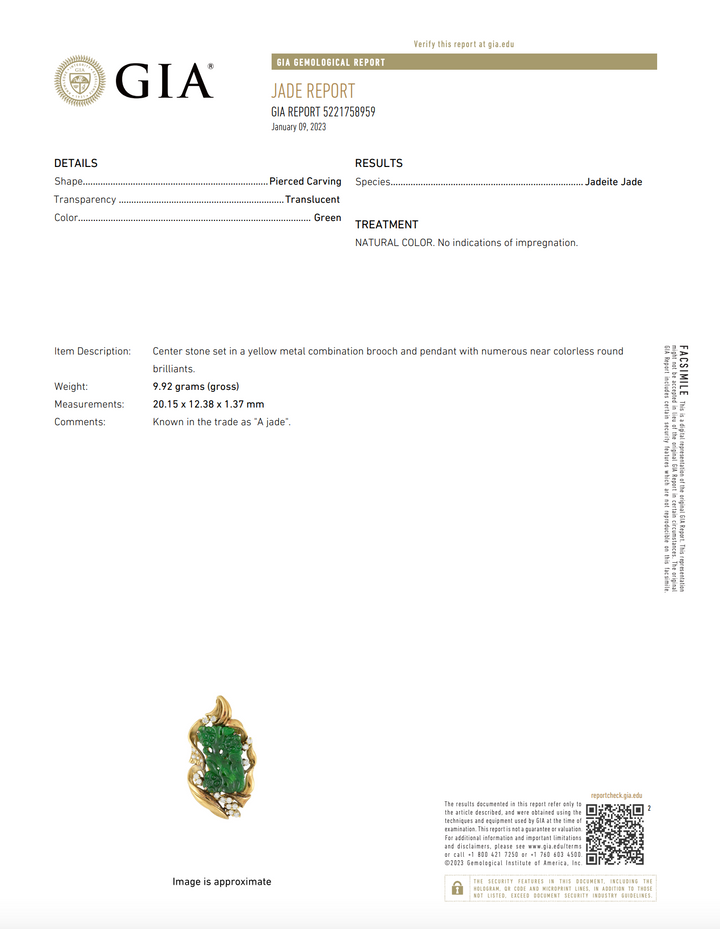 Jadeite Jade & Diamond Brooch Pendant 18K Yellow Gold