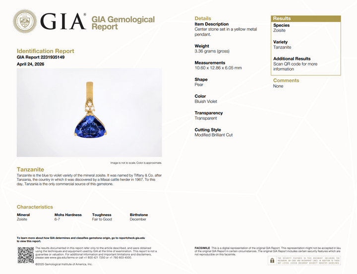 Tanzanite Diamond Pendant 18K Yellow Gold 5CTW GIA