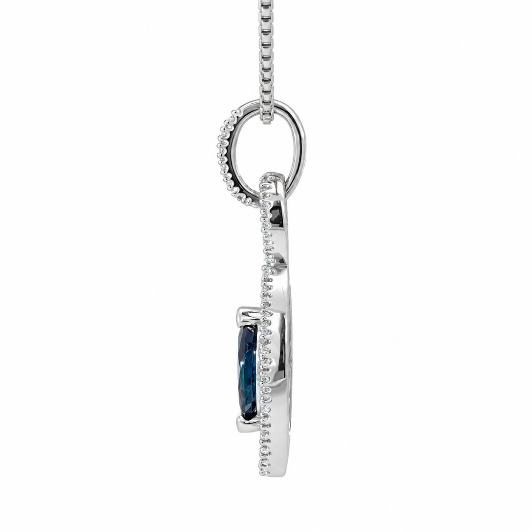 Sapphire Marquise Diamond Halo Pendant 10K White Gold .74CT