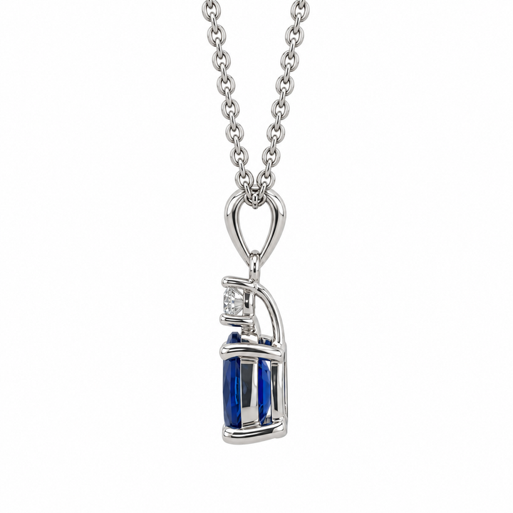 Natural Oval Sapphire &amp; Diamond Pendant 14K White Gold 1CT