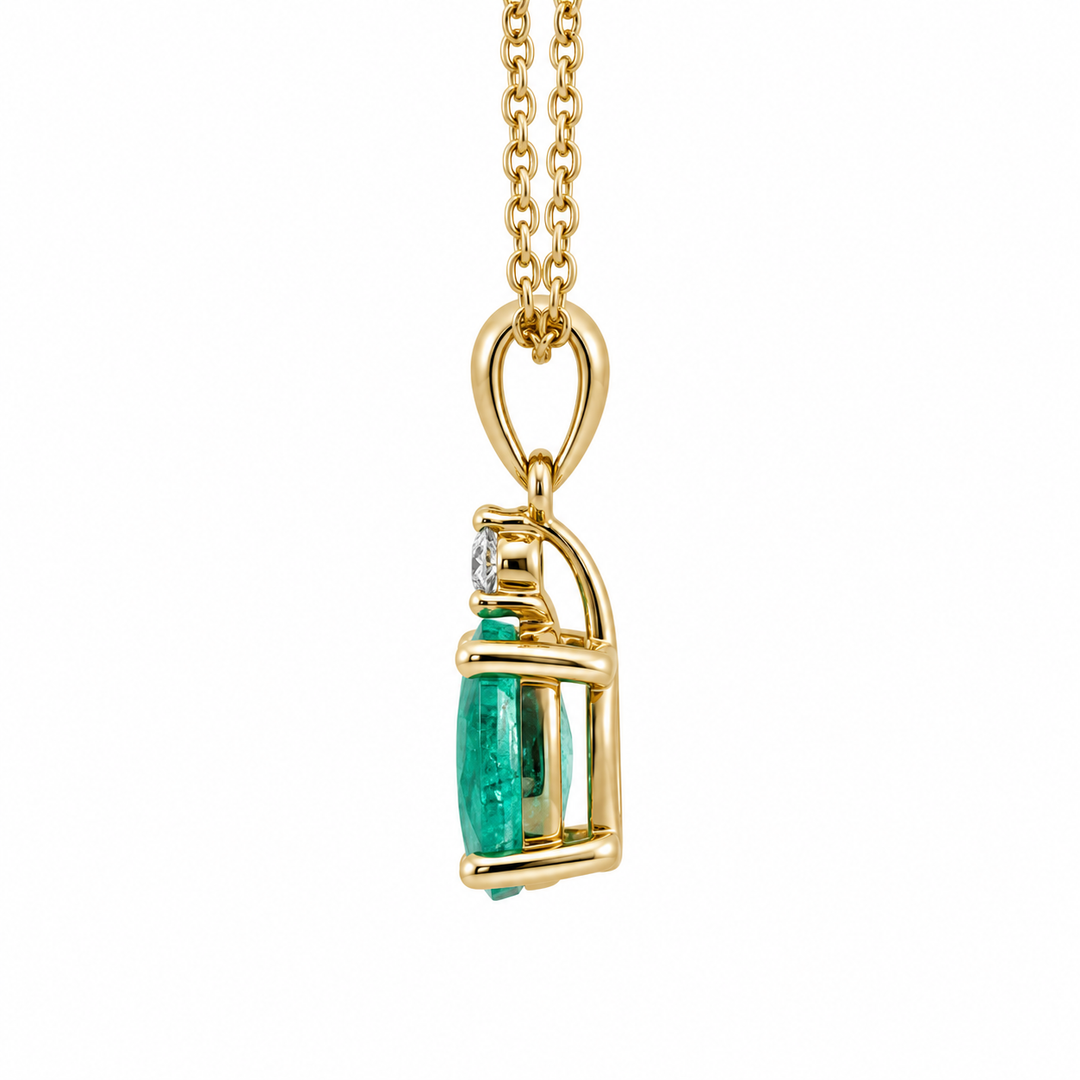 Natural Oval Emerald &amp; Diamond Pendant 14K Yellow Gold 0.71CTW