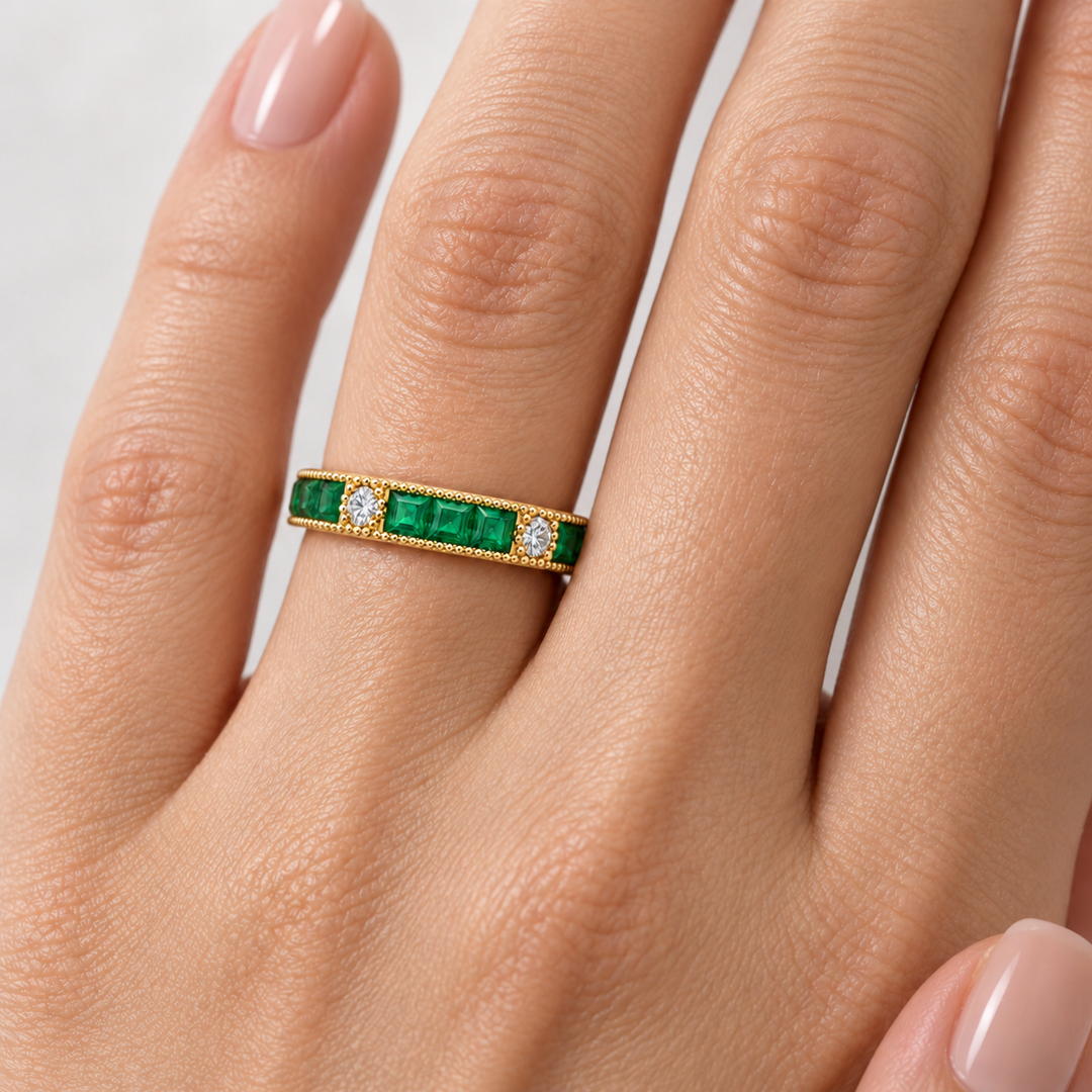 Emerald &amp; Diamond Band Milgrain 14K Yellow Gold 0.73CTW
