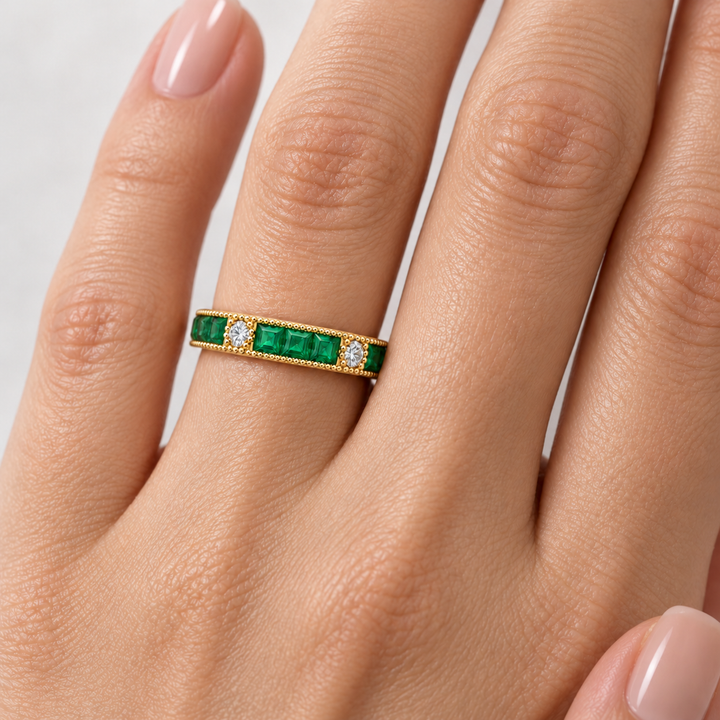 Emerald &amp; Diamond Band Milgrain 14K Yellow Gold 0.73CTW