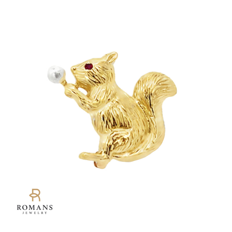 Squirrel Ruby Pearl Brooch 14K Yellow Gold
