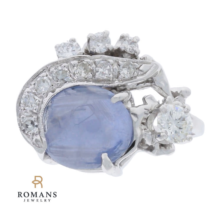 Star Sapphire Diamond Ring 14K White Gold 4.45CT