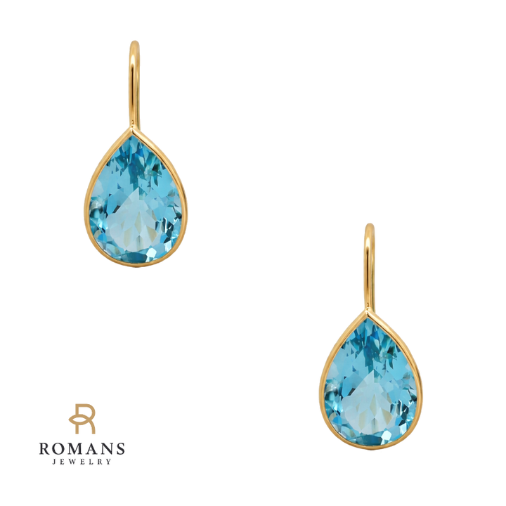 Swiss Blue Topaz Dangle Earrings 14K Yellow Gold 14.50CTW