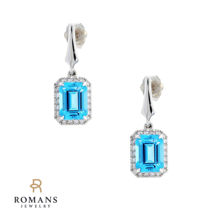 Swiss Blue Topaz Diamond Halo Dangle Earrings 14K White Gold