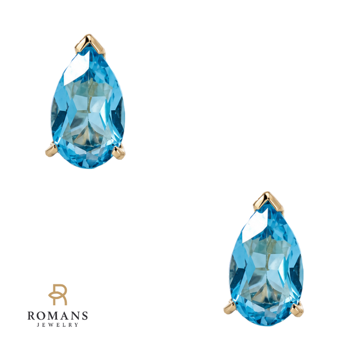Swiss Blue Topaz Stud Earrings 2CTW Pear Cut 14K Yellow Gold