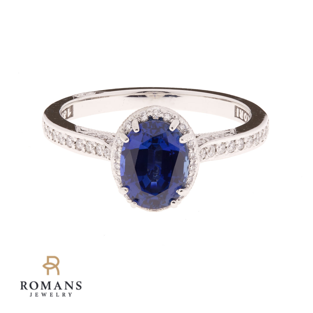 Tacori Sapphire Diamond Halo Ring 18K White Gold 1.54CT