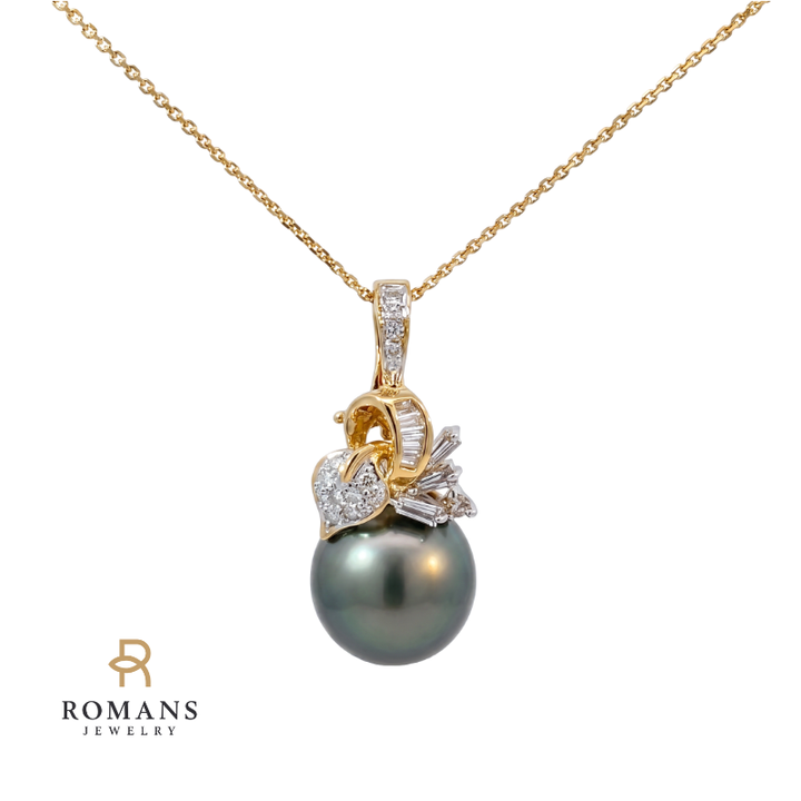Tahitian Pearl &amp; Diamond Nature Pendant 18K Yellow Gold