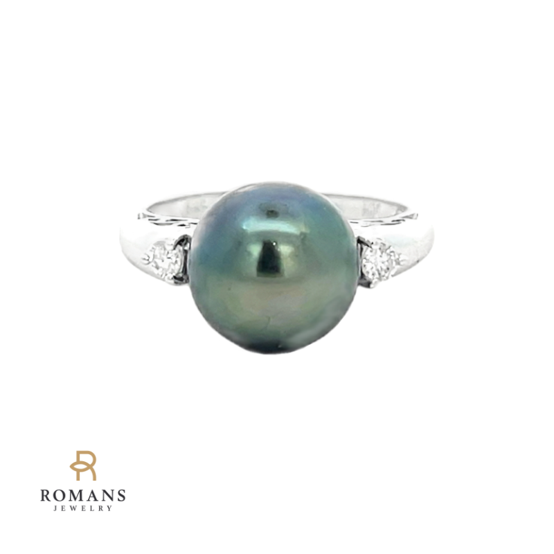 Tahitian Pearl Diamond Ring 14K White Gold .09CTW