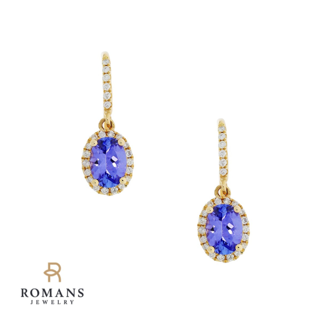 Tanzanite Diamond Halo Earrings 14K Yellow Gold