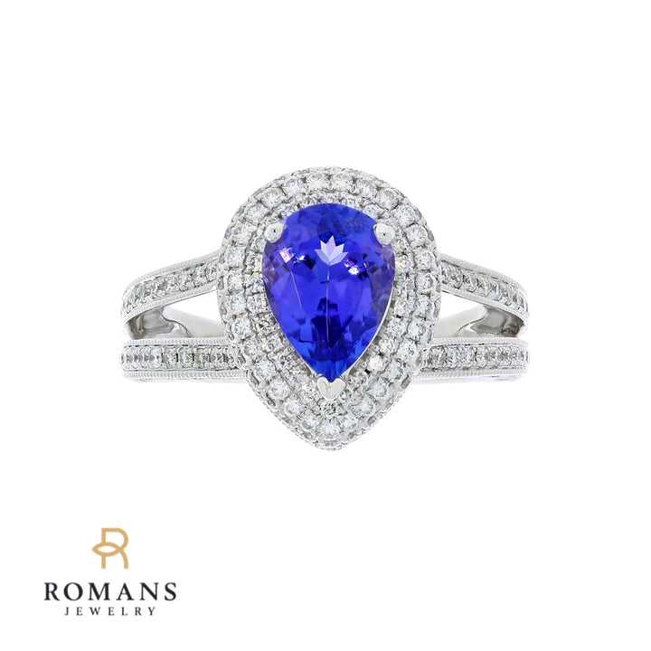 Tanzanite Diamond Halo Pave' Ring 14K White Gold 1.66CT