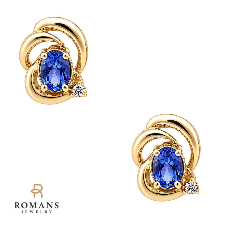 Tanzanite Diamond Swirl Stud Earrings 14K Yellow Gold