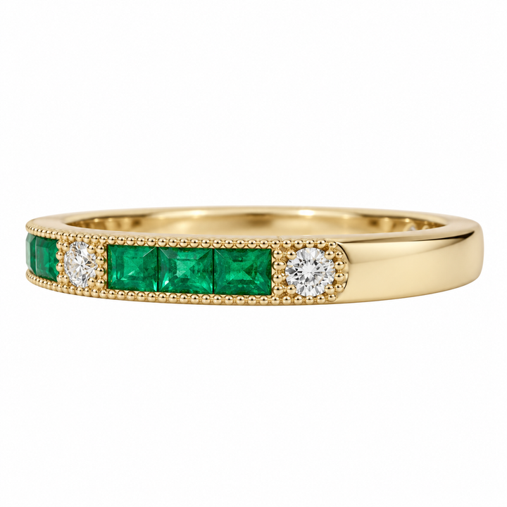 Emerald &amp; Diamond Band Milgrain 14K Yellow Gold 0.73CTW