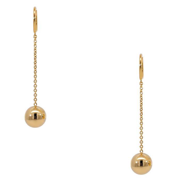Tiffany &amp; Co. 18K yellow gold ball drop earrings featuring polished gold spheres in an elegant dangling design.