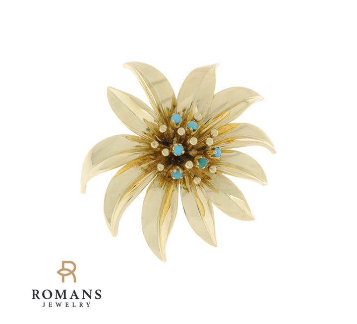 Tiffany & Co. Flower Turquoise Brooch 18K Yellow Gold