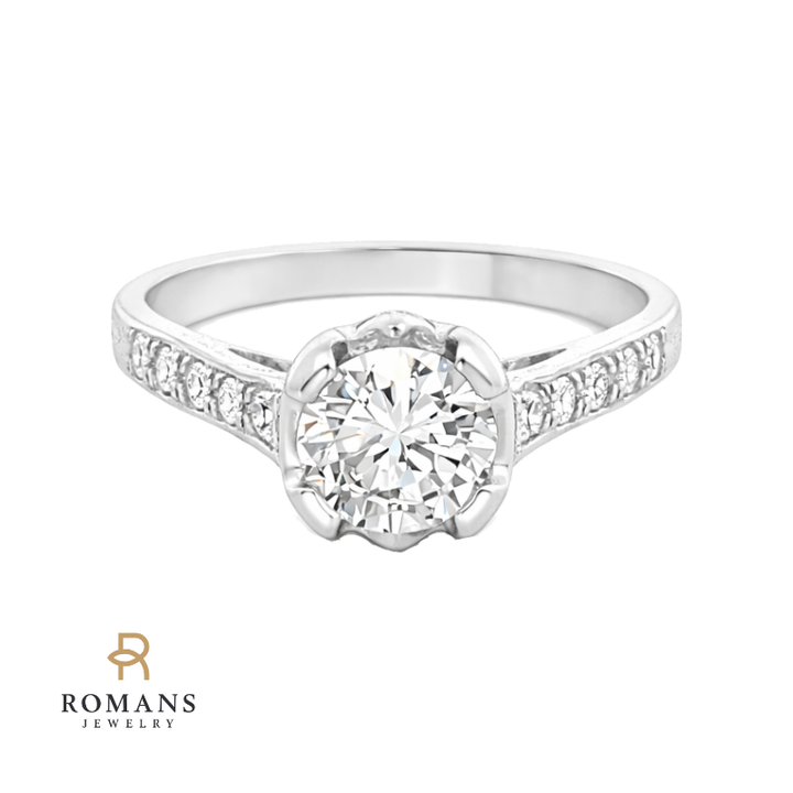 Tulip Diamond Engagement Pavé Ring 14K White Gold 1.02CT