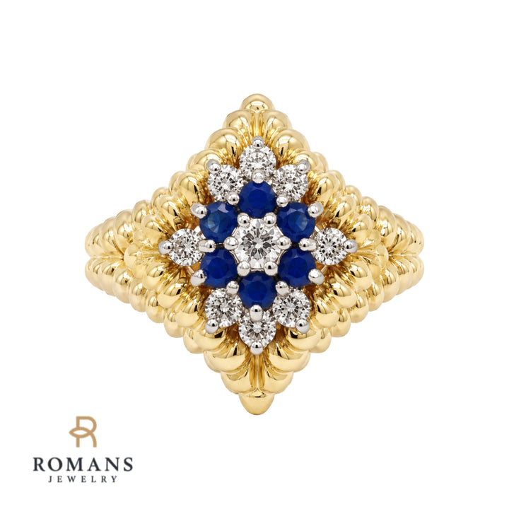Van Cleef Diamond &amp; Blue Sapphire Cluster Ring 18K Yellow Gold