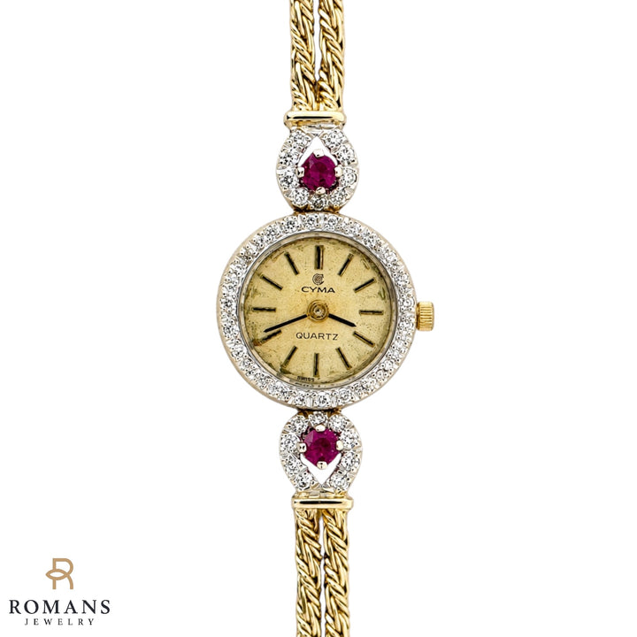 Vintage Cyma 14K Yellow Gold Diamond Ruby Quartz Bracelet Watch 17mm