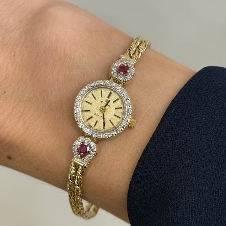 Vintage Cyma 14K Yellow Gold Diamond Ruby Quartz Bracelet Watch 17mm