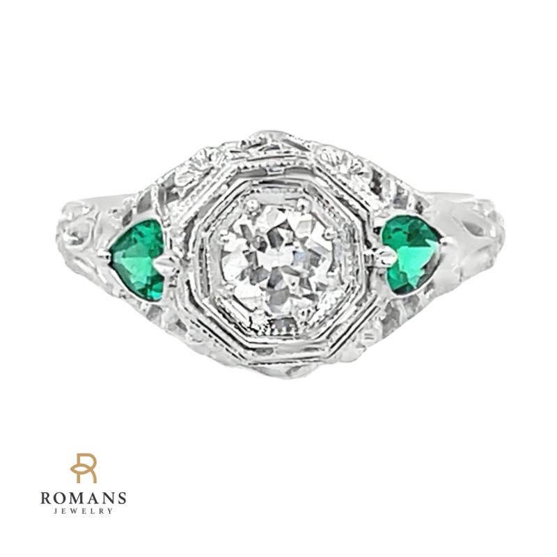 Vintage Diamond & Emerald Filigree Ring 18K White Gold .32CTW