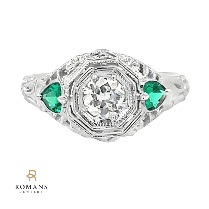 Vintage Diamond & Emerald Filigree Ring 18K White Gold .32CTW
