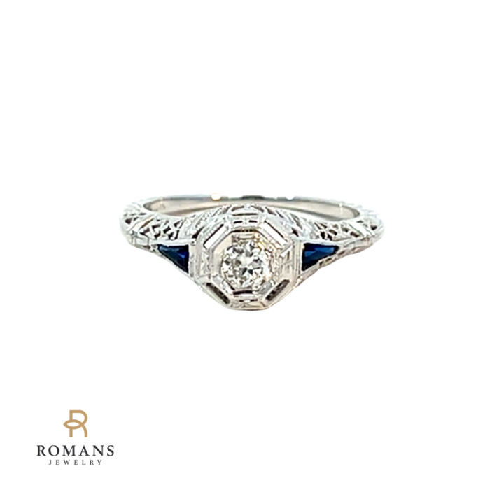 Vintage Diamond Sapphire Filigree 1930's Ring 18K White Gold