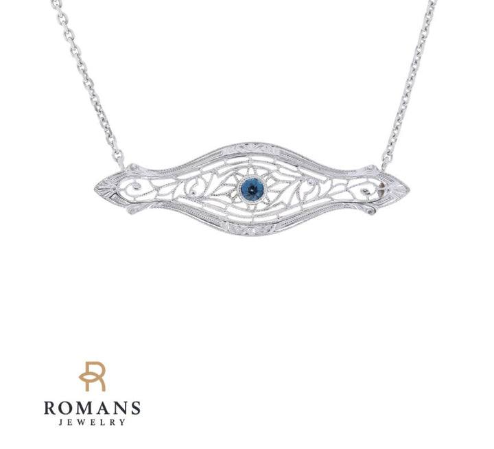 Vintage Filigree Sapphire Necklace 14K White Gold