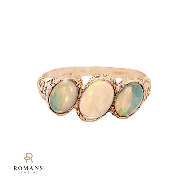 Vintage Opal Three Stone Engraved Ring 14K Rose Gold 1.10CTW