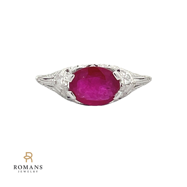 Vintage Oval Ruby Ring 18K White Gold 1.08CT