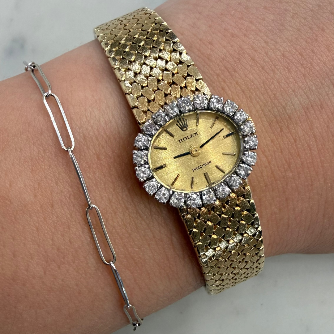 Rolex Ladies Precision 18K Gold Bracelet Watch Diamond Bezel 1970