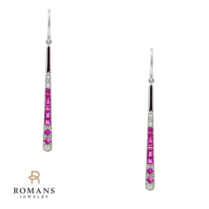 Vintage Ruby Diamond Drop Earrings Platinum 18K Yellow Gold