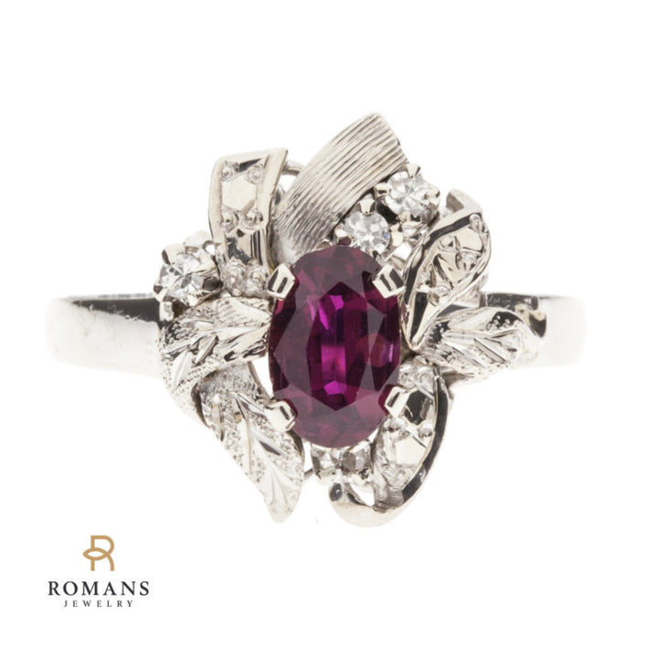 Vintage Ruby Diamond Ring 18K White Gold .75CT