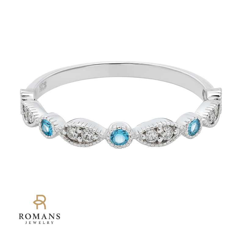 Vintage Style Milgrain Blue Topaz Diamond Band 14K White Gold .10CTW