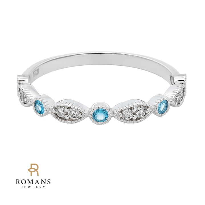 Vintage Style Milgrain Blue Topaz Diamond Band 14K White Gold .10CTW