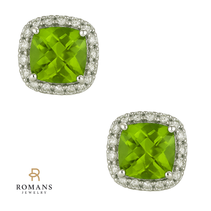 Vivid Peridot Diamond Halo Studs 14K White Gold 1.95CTW