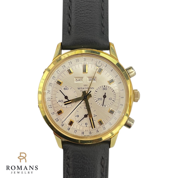 Wakmann Incabloc Triple Date Chronograph Class Pilot Watch Stainless Steel