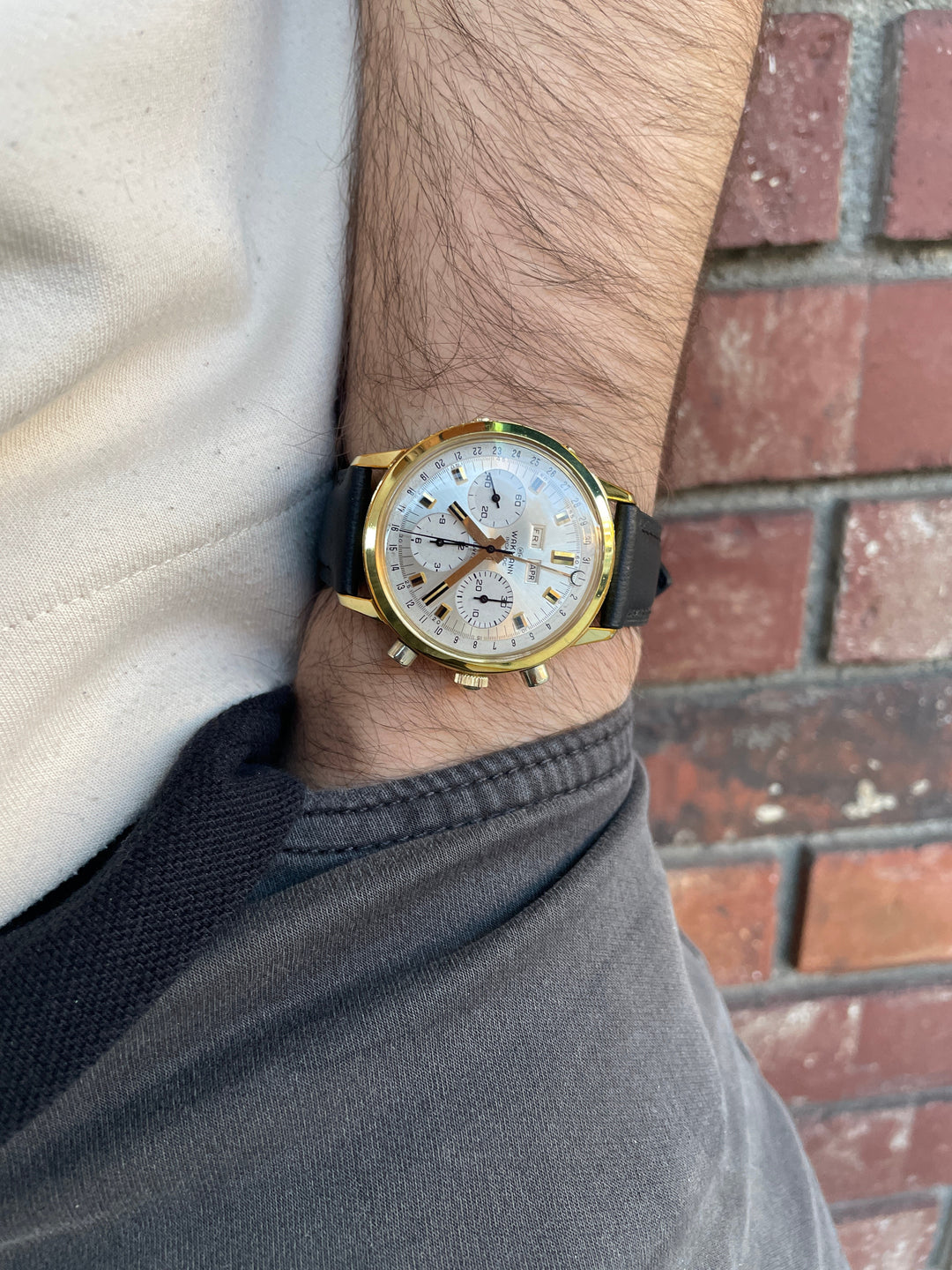 Wakmann Incabloc Triple Date Chronograph Class Pilot Watch Stainless Steel