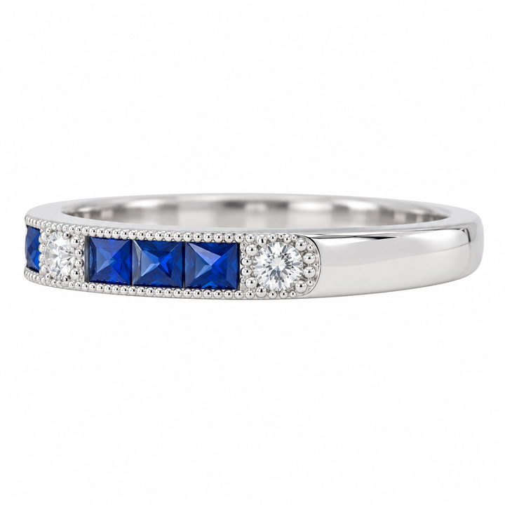 Sapphire Diamond Milgrain Band 14K White Gold